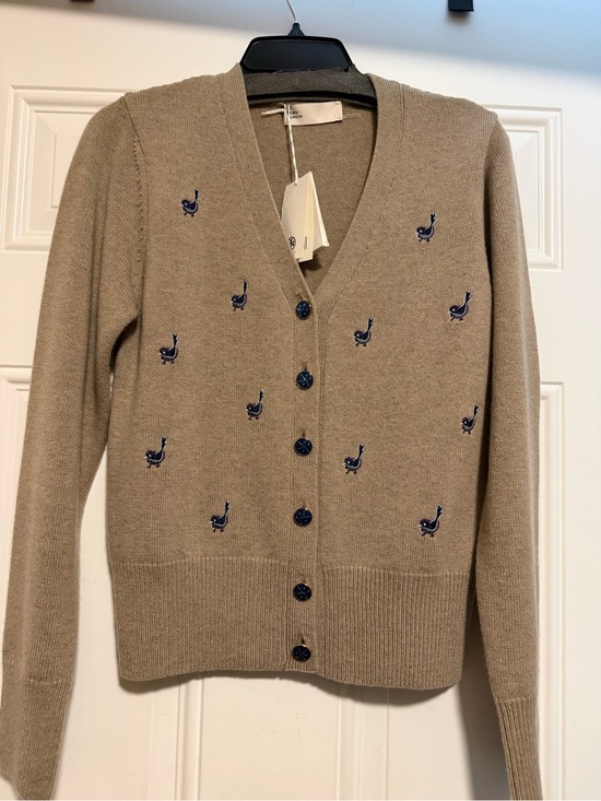 Tory Burch Sweaters - Tory Burch Classic V-Neck Embroidered Cardigan Sweater - Taupe with Navy Motifs